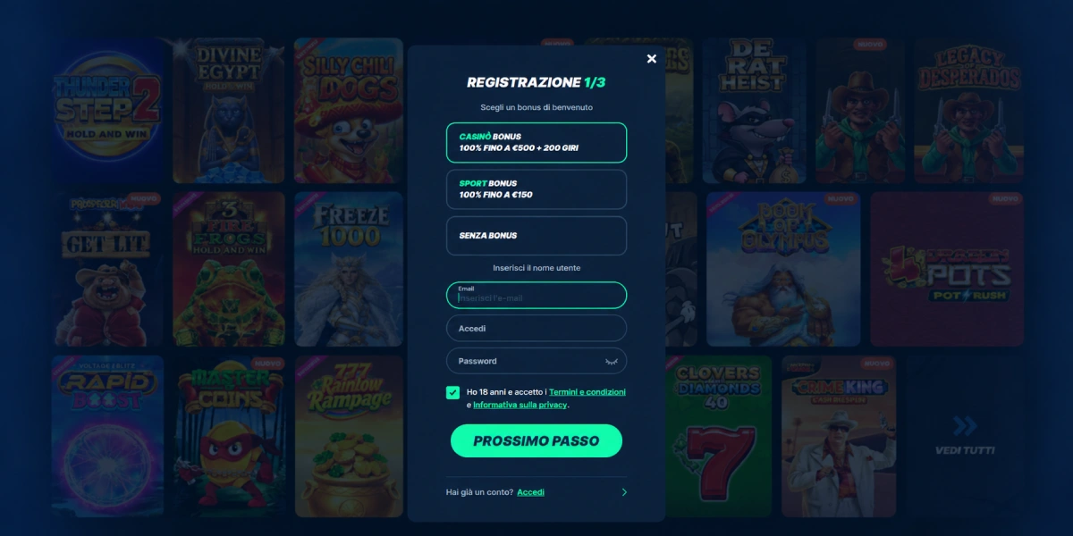 PlayZilla Casino modulo di registrazione e selezione bonus benvenuto